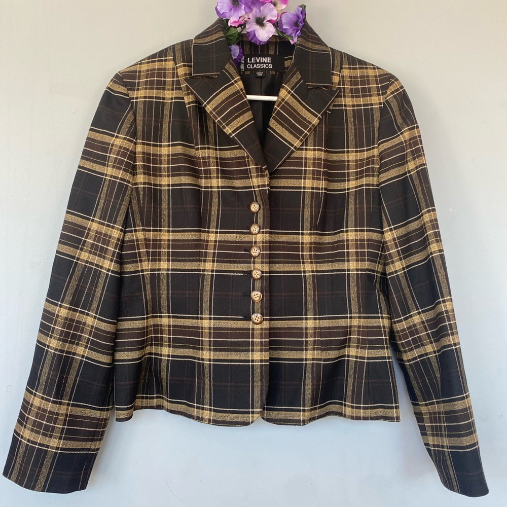 Larry Levine Signature Blazer Women Sz12 Brown Plaid Jacket Office Work Academia
